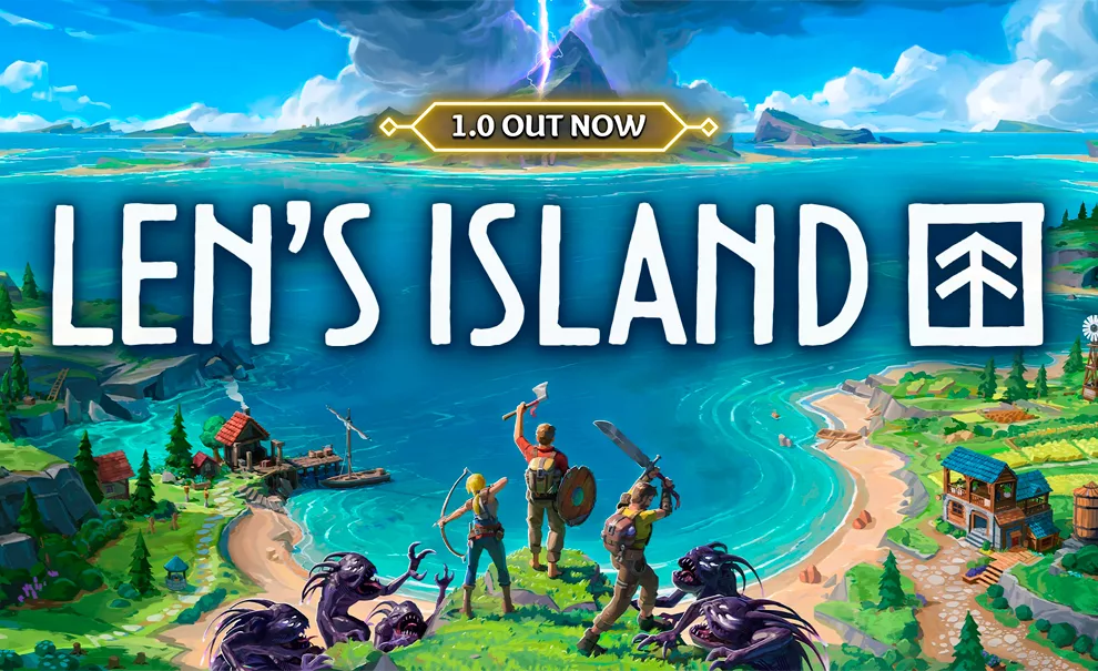 # personagens lutando contra monstors das sombas numa paisagem com várias ilhas e muita água em Len's Island.