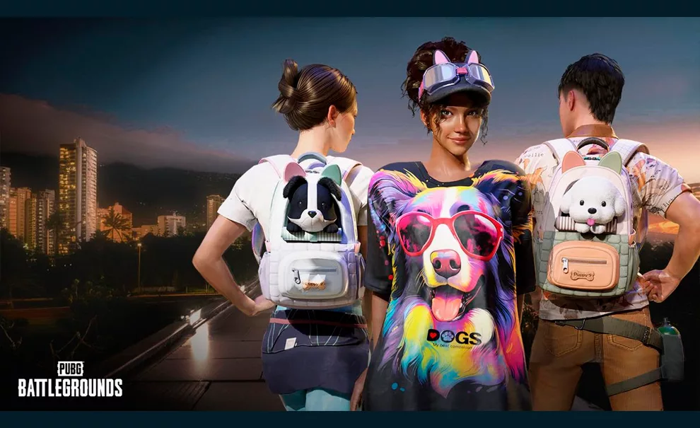 3 personagens de PUBG BATTLEGROUNDS com roupas e mochilas novas e ao fundo prédios em fim de por do sol.