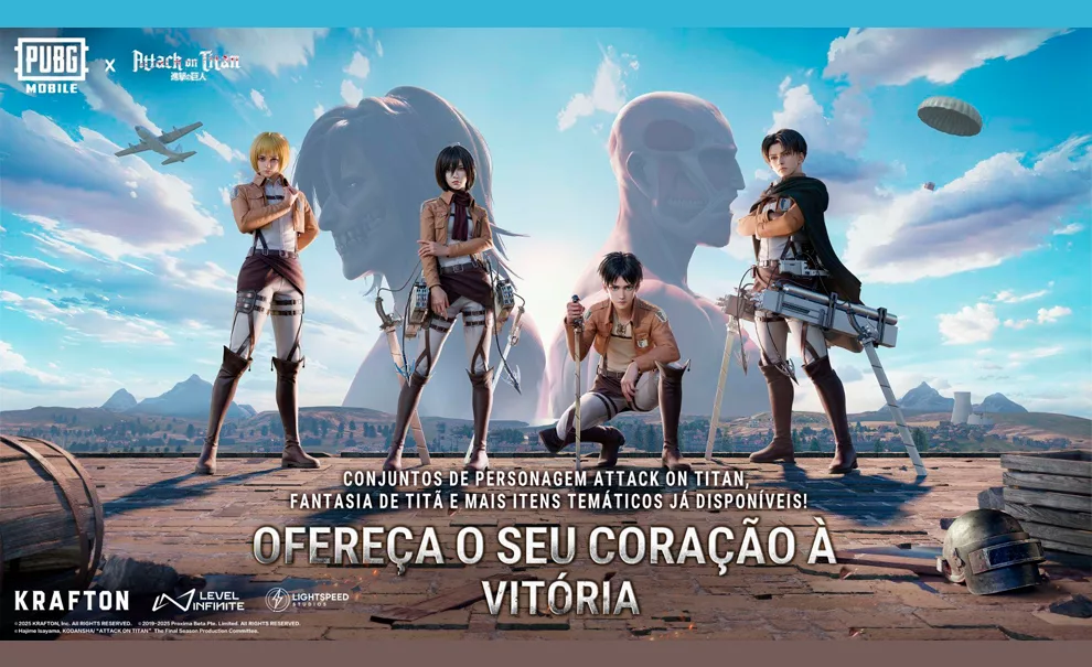 4 Personagens de Attack on Titan e mais 2 Titãs ao fundo, dentro da ambientação de PUBG Mobile.