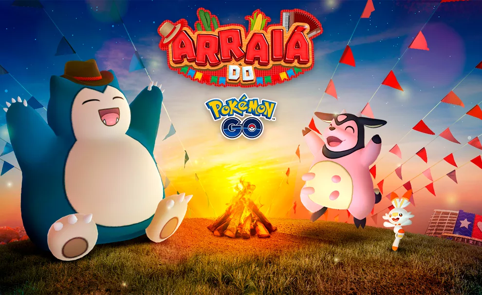 Imagem com Snorlax, Miltank e Scorbunny em volta de uma fogueira do Arraiá do Pokémon GO.