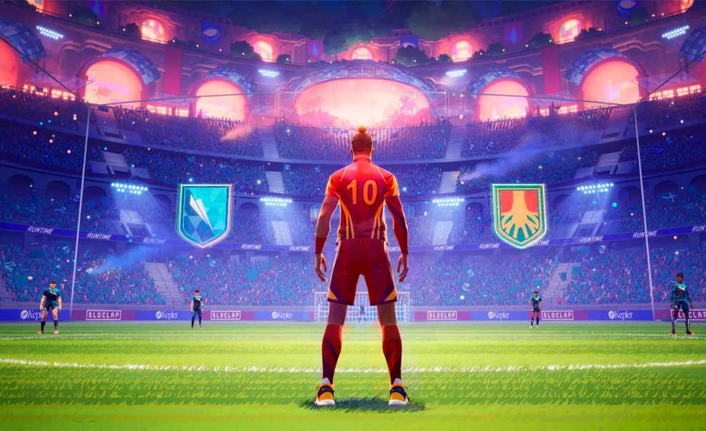 Jogador camisa 10 de Rematch dentro de um estádio lotado.