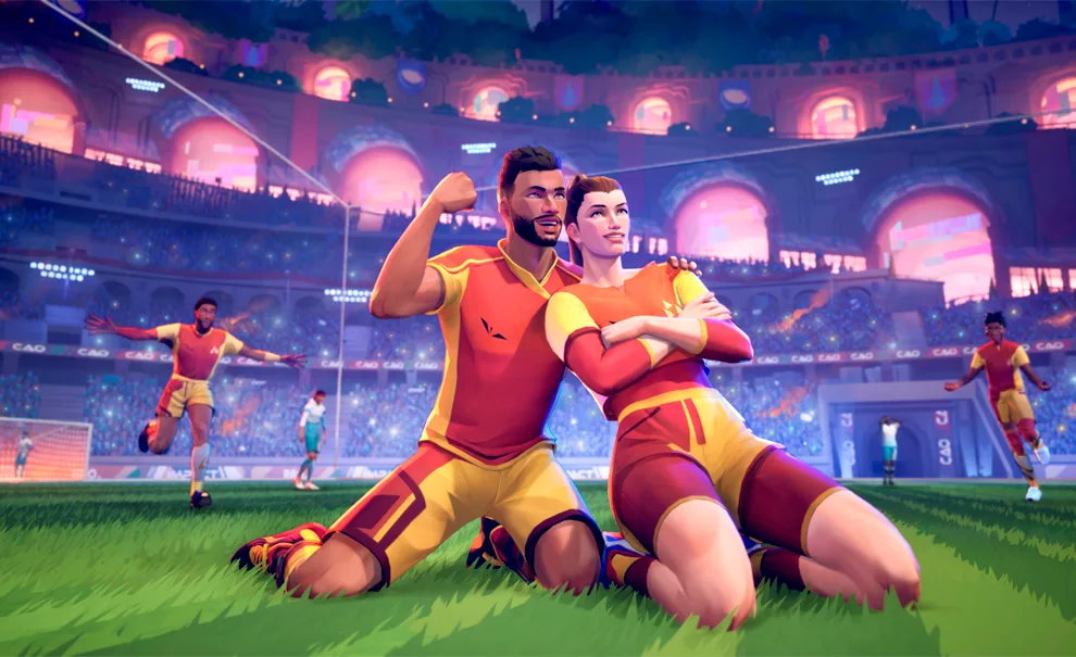 Dois jogadores ajoelhado no campo de futebol de frente para a imagem, atrás outros também comemoram o gol em Rematch.