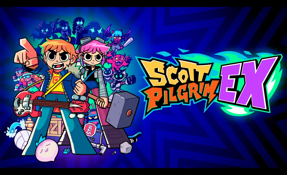 Scott Pilgrim e Ramona Flowers e outros vários personagens ao lado da logo de Scott Pilgrim Ex em um fundo azul.