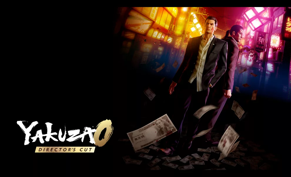 Capa de Yakuza 0 Director's Cut com os 2 protagonistas à frente e várias notas de dinheiro voando.