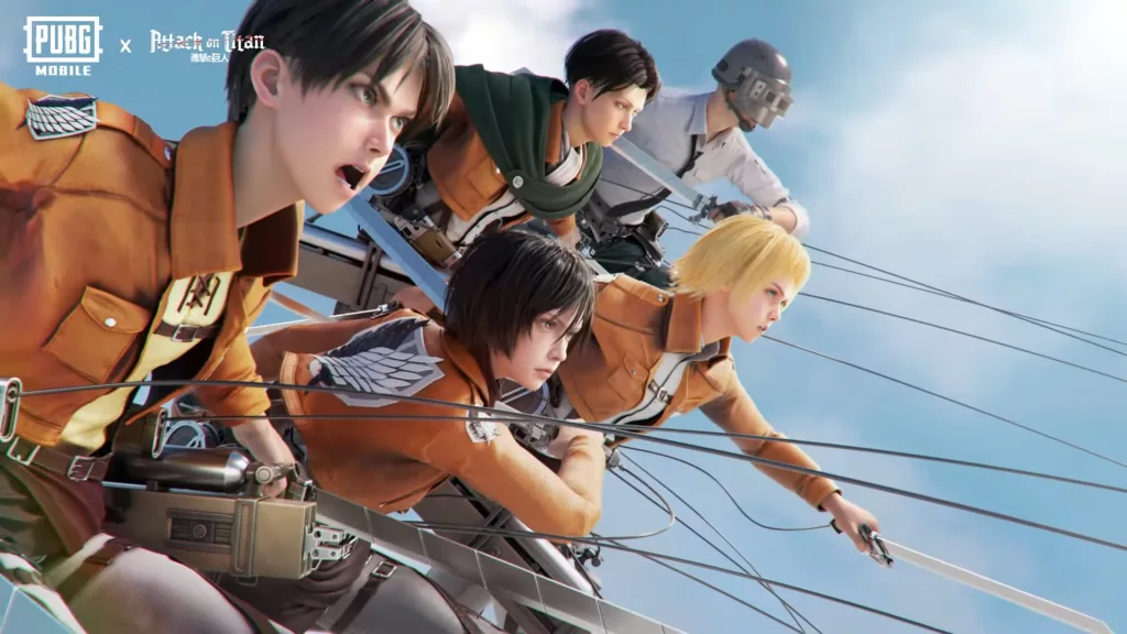 Personagens de Attack on Titan e o cara do capacete de PUBG Mobile.
