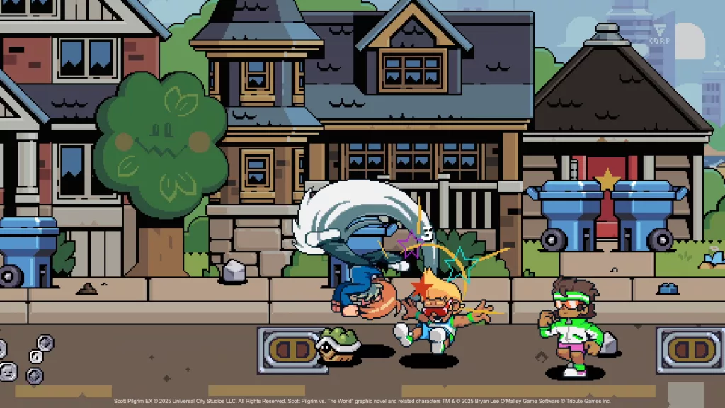 Scott Pilgrim lutando nas ruas de Toronto feita em pixels.
