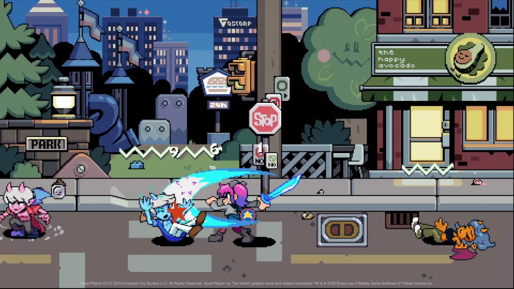 Ramona Flowers lutando nas ruas de Toronto feita em pixels.