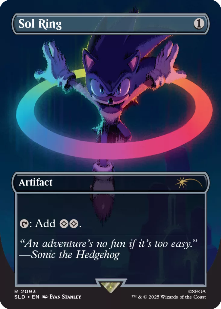 Carta Sol Ring com desenho de Sonic passando em um círculo colorido.