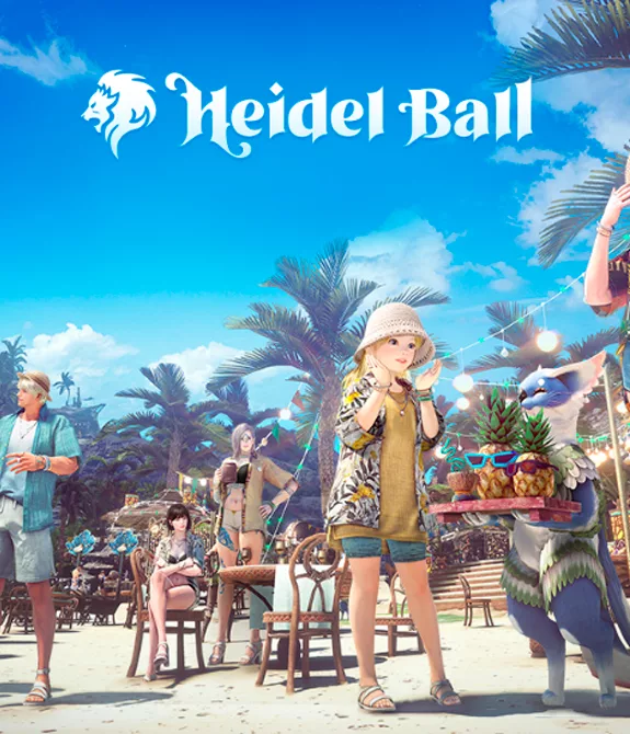 Imagem de vários personagens de Black Desert na praia, entre coqueiros, e a frase em inglês, Banquete de Heidel.
