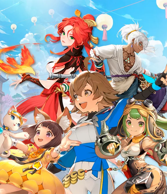 Vários personagens de Blade and Soul Heroes em fundo de nuvens azuis.