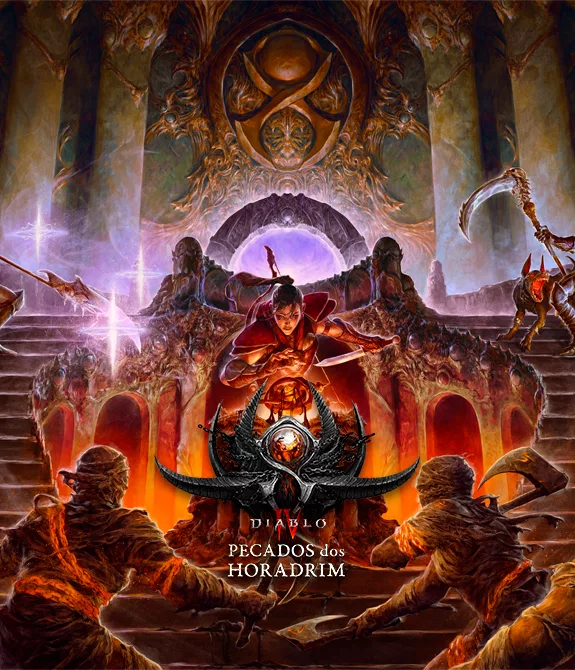 Diablo IV Pecados dos Horadrim Temporada 9 com personagens em uma escadaria encarando uma horda de inimigos humanóides.