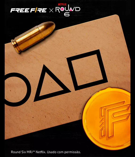 Imagem de Free Fire e Round 6 com um projétil de arma e o cartão com um círculo, triangulo e quadrado, característico da série da Netflix.