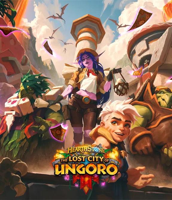 Personagens de Hearthstone na Cidade Perdida de Un'Goro com uma estética que lembra um arquitetura Inca.