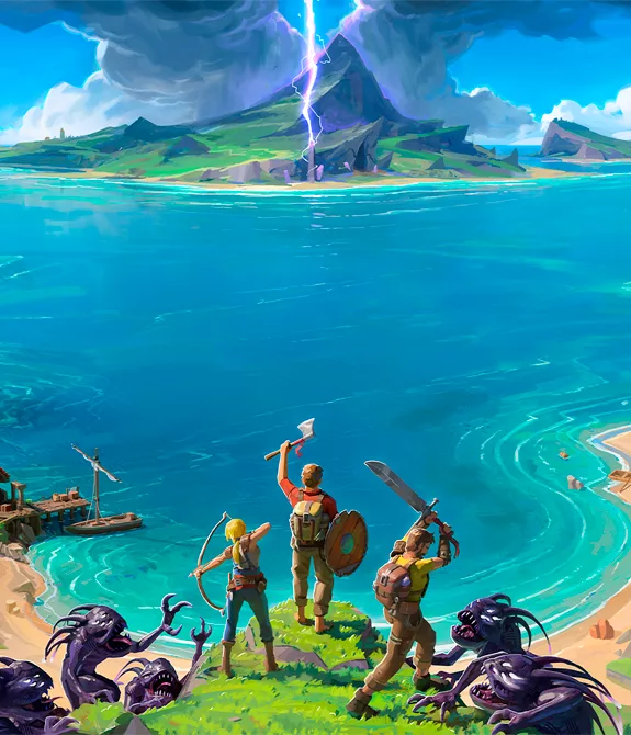 # personagens lutando contra monstors das sombas numa paisagem com várias ilhas e muita água em Len's Island.