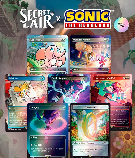 Várias cartas de Magic The Gathering Secret Lair e Sonic, em colaboração.