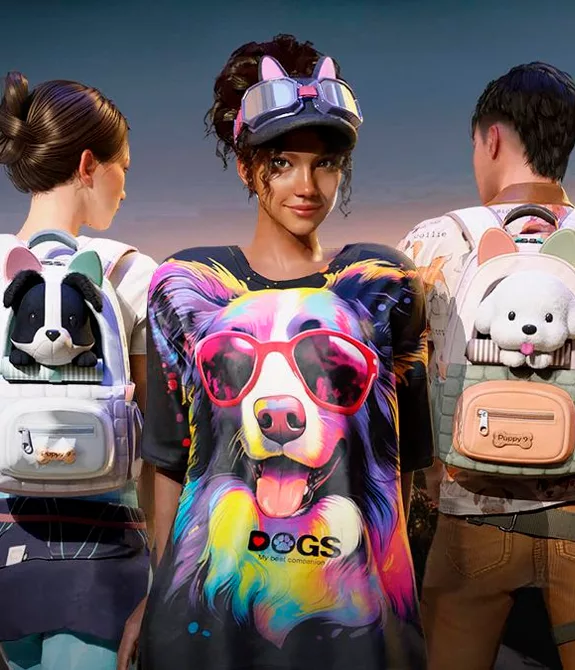 3 personagens de PUBG BATTLEGROUNDS com roupas e mochilas novas e ao fundo prédios em fim de por do sol.