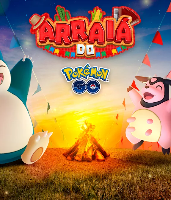 Imagem com Snorlax, Miltank e Scorbunny em volta de uma fogueira do Arraiá do Pokémon GO.