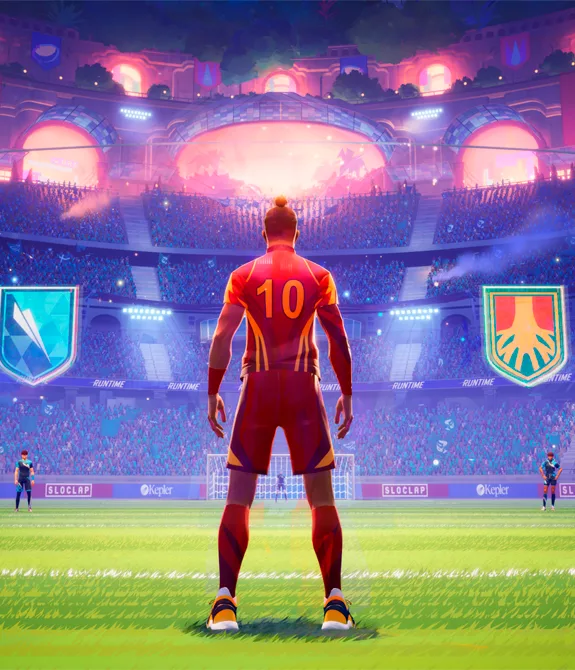Jogador camisa 10 de Rematch dentro de um estádio lotado.