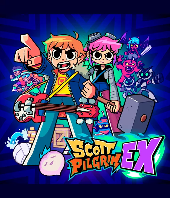 Scott Pilgrim e Ramona Flowers e outros vários personagens ao lado da logo de Scott Pilgrim Ex em um fundo azul.