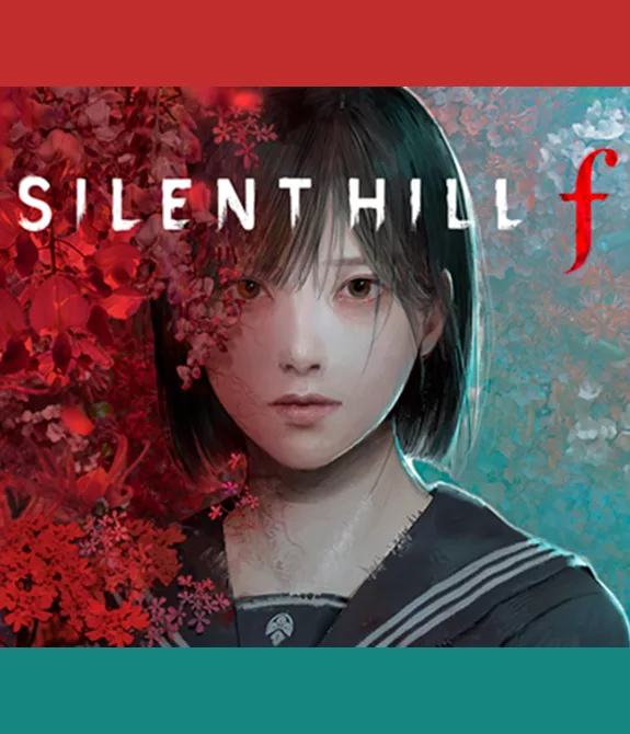 Shimizu Hinako de Silent Hill f, entre as flores vermelhas e o jardim esverdeado.