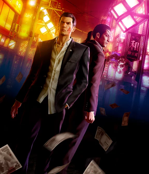 Capa de Yakuza 0 Director's Cut com os 2 protagonistas à frente e várias notas de dinheiro voando.
