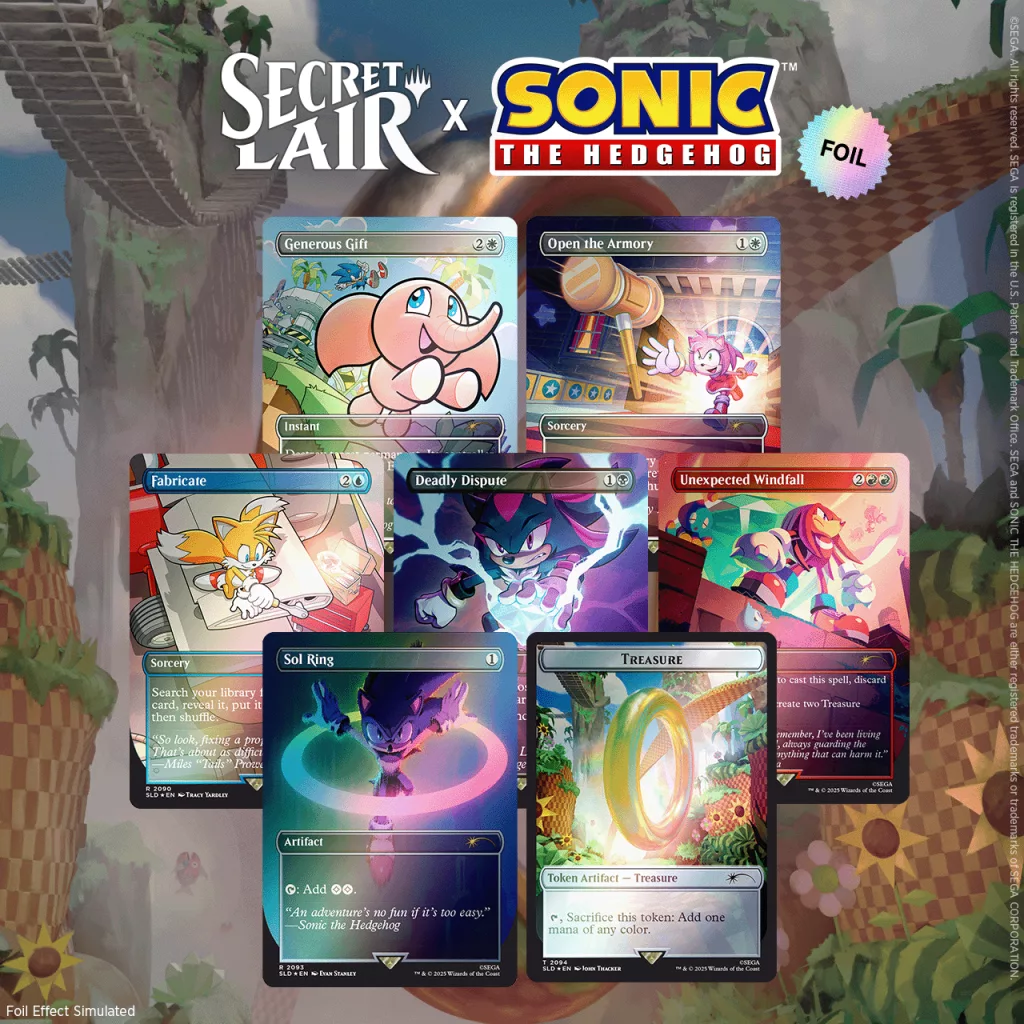 Magic The Gathering Secret Lair e Sonic The Hedgehog em colaboração com várias cartas foil sendo mostradas.