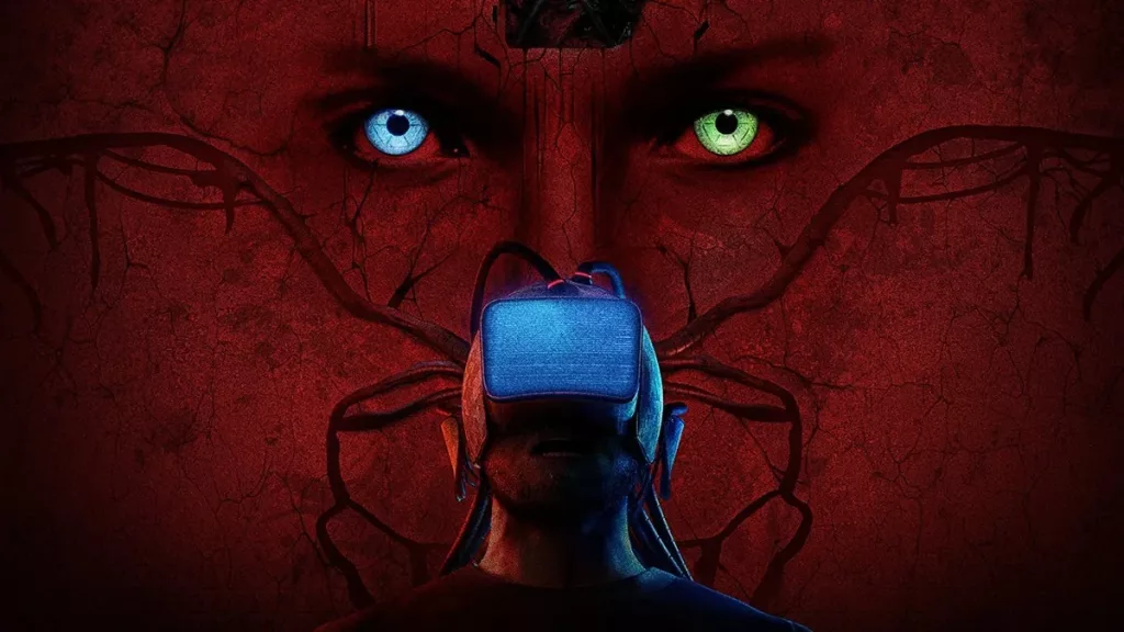 Imagem do jogo A.I.L.A com uma pessoa usando um equipamento VR à frente e atrás dela um rosto vermelho com olhos azul e verde.