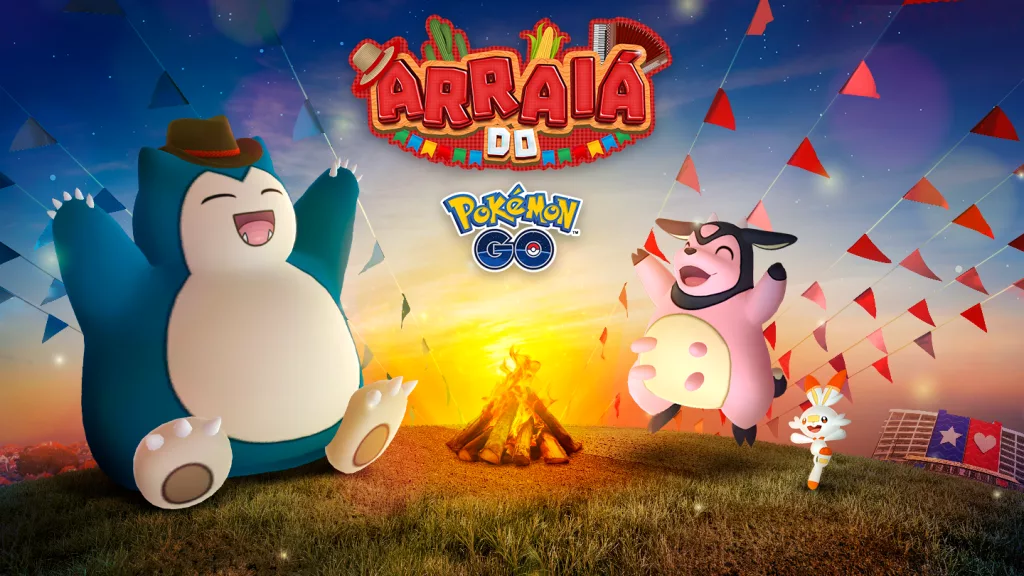 Imagem com Snorlax, Miltank e Scorbunny em volta de uma fogueira do Arraiá do Pokémon GO.
