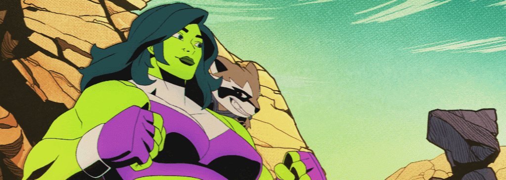 She-Hulk e Rocket Raccoon se comprimentando no deserto.