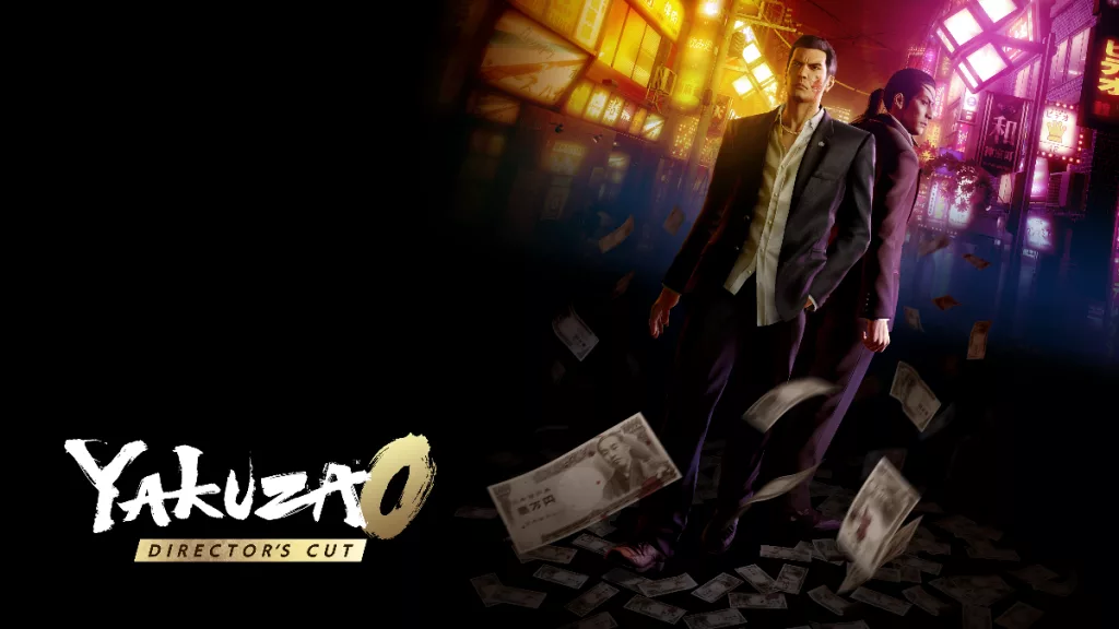 Capa de Yakuza 0 Director's Cut com os 2 protagonistas à frente e várias notas de dinheiro voando.