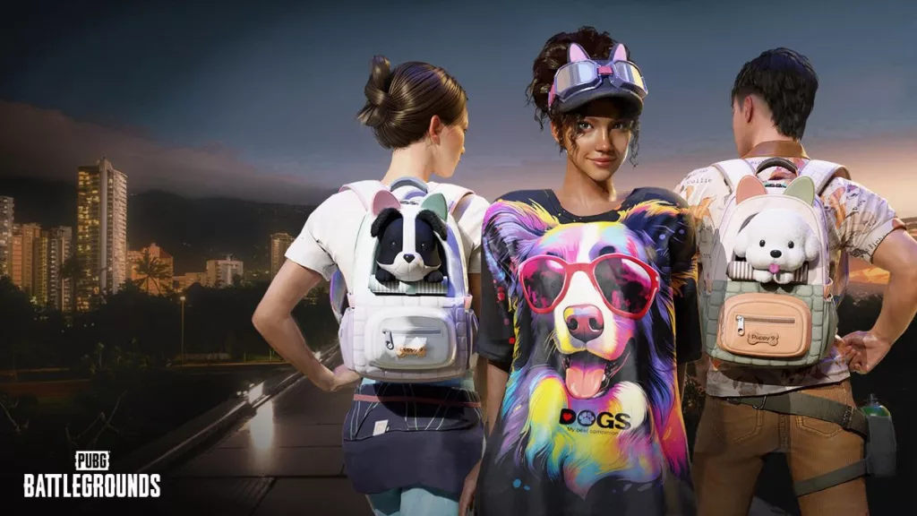 3 personagens de PUBG BATTLEGROUNDS com roupas e mochilas novas e ao fundo prédios em fim de por do sol.