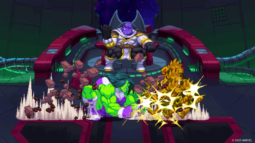 She-Hulk batendo em inimigos enquanto Thanos só observa.