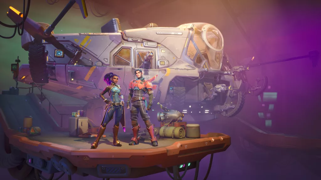2 personagens de Wildgate em cima de plataforma em frente à nave.