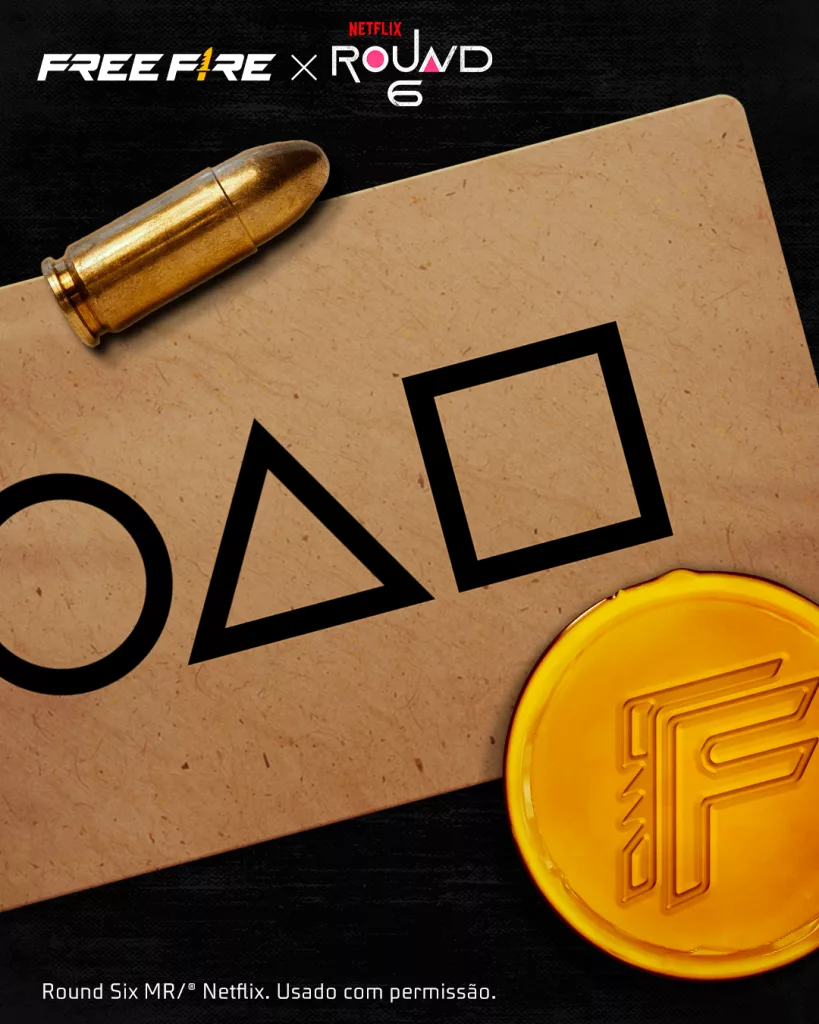Imagem de Free Fire e Round 6 com um projétil de arma e o cartão com um círculo, triangulo e quadrado, característico da série da Netflix.