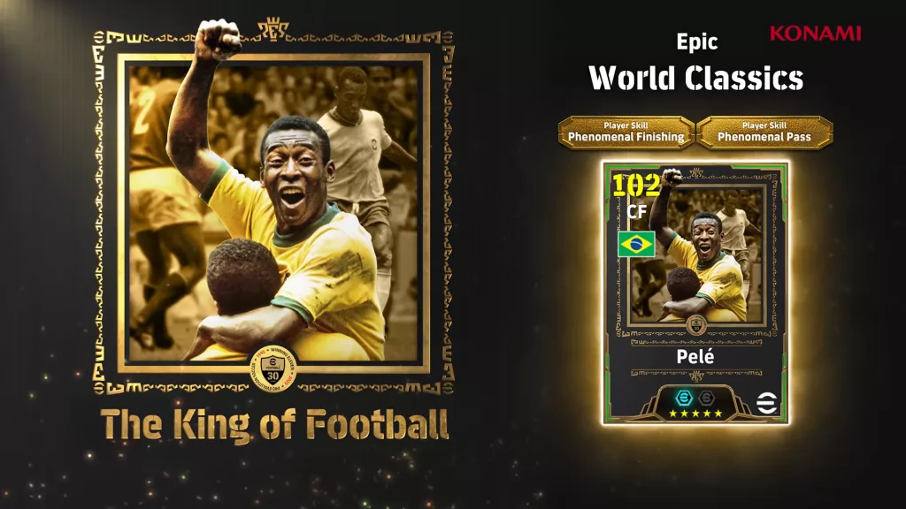Foto de Pelé, escrito O Rei do Futebol em inglês e seu card à direita da imagem.