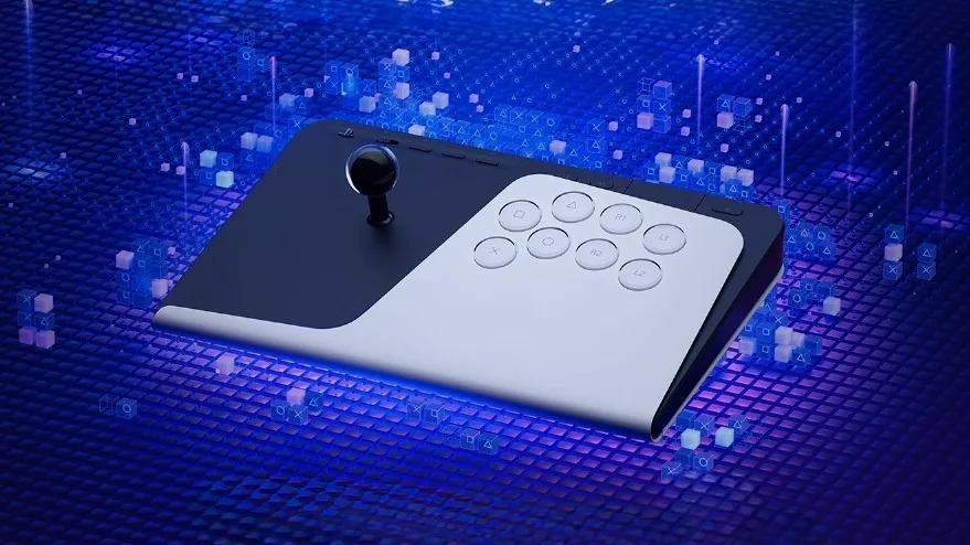 Controle sem fio FlexStrike da Sony em fundo azul.