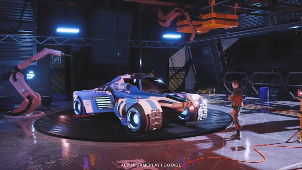 Carro azul e branco em frente a um personagem no que parece ser uma plataforma automotiva.