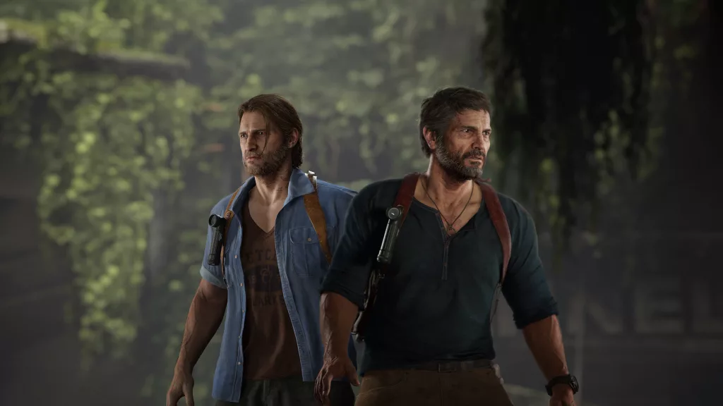  Joel vestido de Nathan Drake e Tommy como Sam Drake em Sem Volta