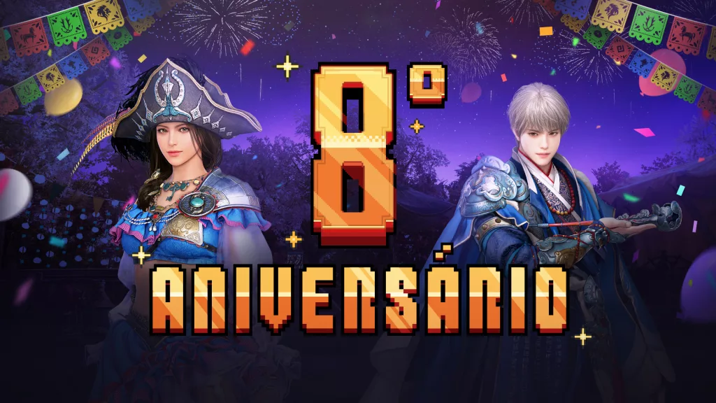 2 Personagems de Black Desert Online, ao fundo fogos de artifício e no centro a frase 8º Aniversário.