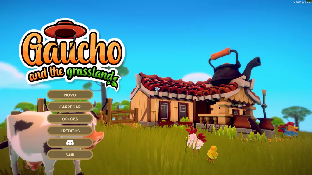 Imagem da tela inicial do jogo com o título à esquerda, opções de começar, carregar e ajustar o jogo, e ao fundo uma casa com uma chaleira enorme no teto, um pasto e animais típicos de fazenda, como vaca, galinha, etc.