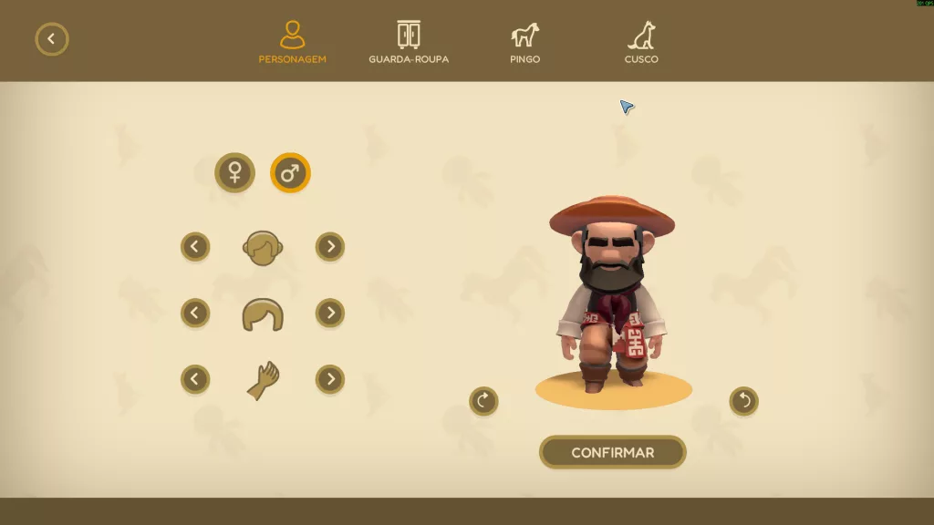 Tela de customização de personagem em Gaúcho and the Grassland.