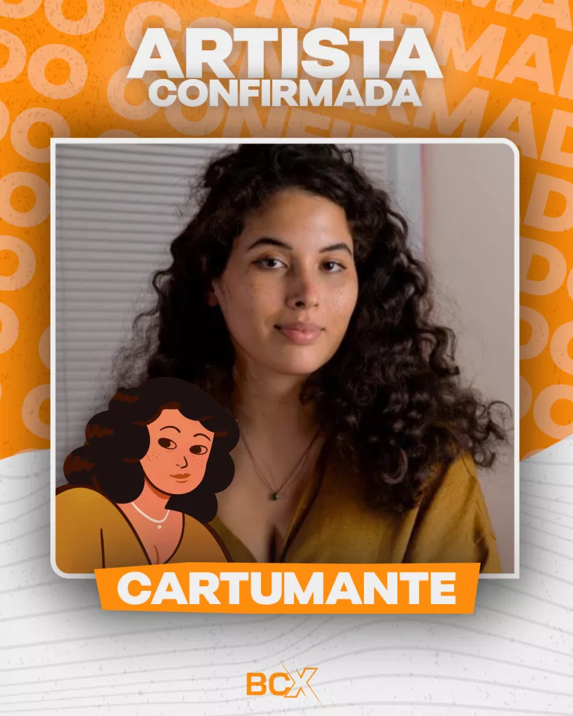 Foto da Artista Confirmada Cecília com sua obra "Cartumante".