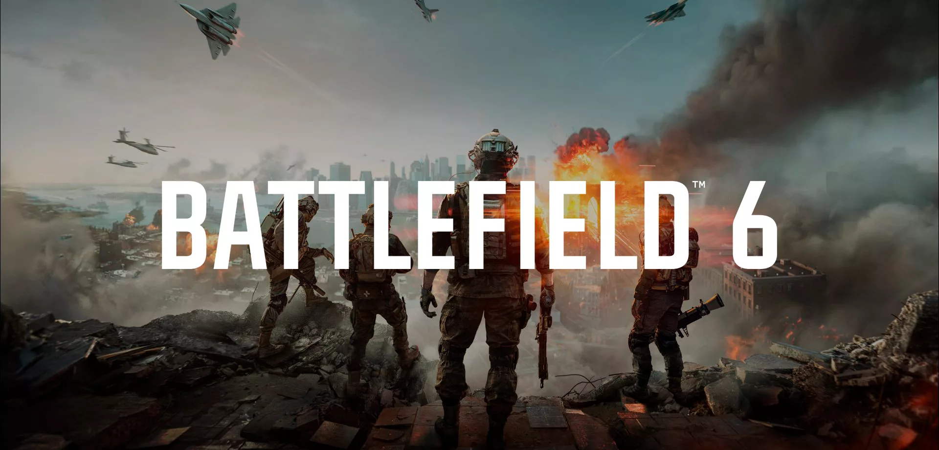Soldados em uma montanha olhando a destruição da guerra em uma cidade longínqua e a logo de Battlefield 6 à frente.