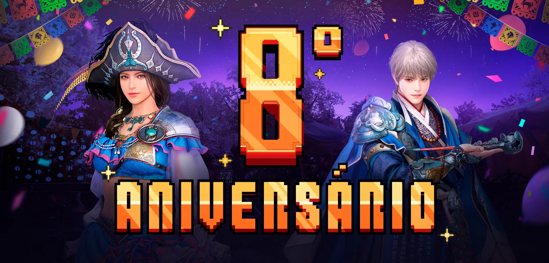 2 Personagems de Black Desert Online, ao fundo fogos de artifício e no centro a frase 8º Aniversário.