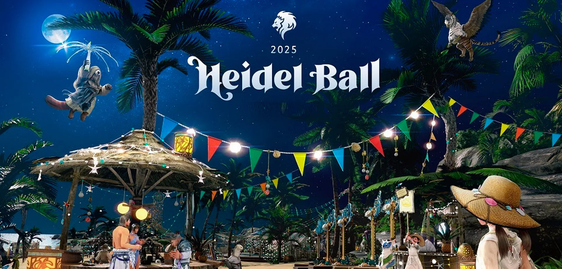 Personagens de Black Desert Mobile em uma praia com quiosques enfeitados e os dizeres em inglês Banquete de Heidel 2025.