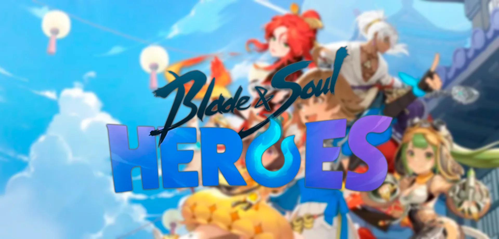 Vários Personagens de Blade and Soul Heroes em um cenário com uma casa com arquitetura típica asiática e um céu azul.