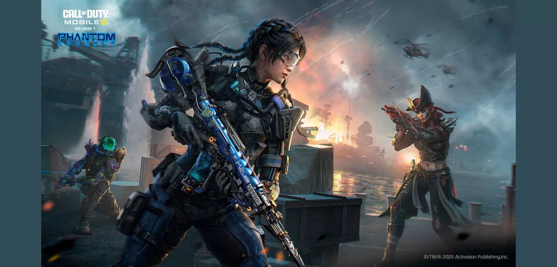Capa de Call of Duty: Mobile Temporada 7 com 3 personagens em um porto em meio a ação.