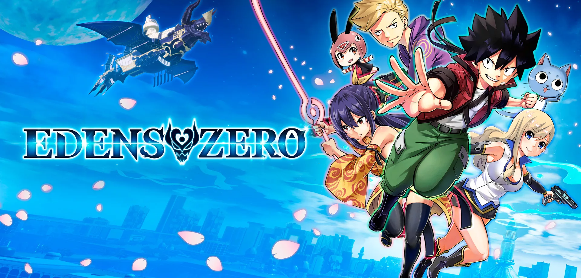 Imagem de Edens Zero com cidade e nave ao fundo e vários personagens do anime a Direita.