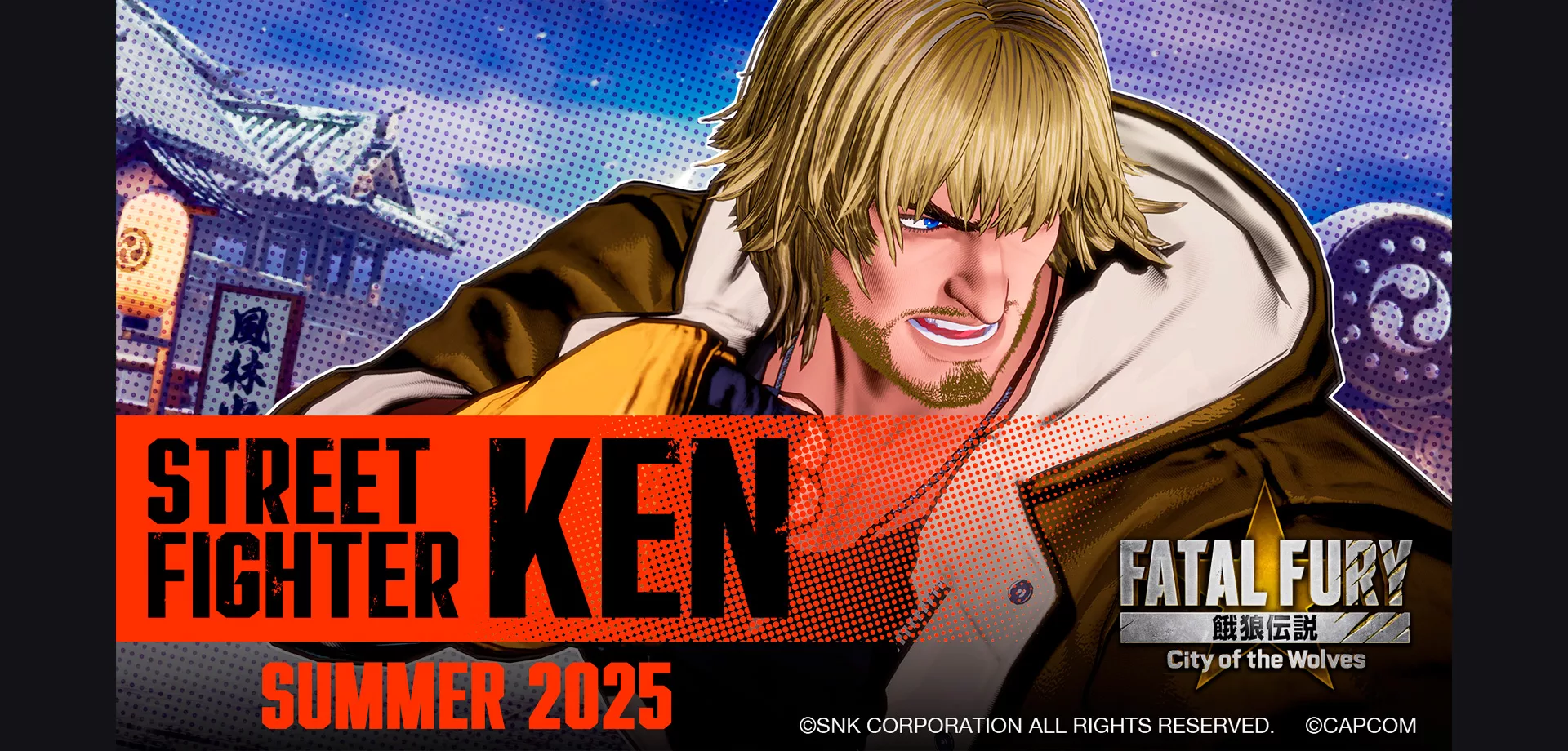 Ken Masters fazendo pose de luta com punha cerrado próximo ao rosto em Fatal Fury: City of the Wolves.