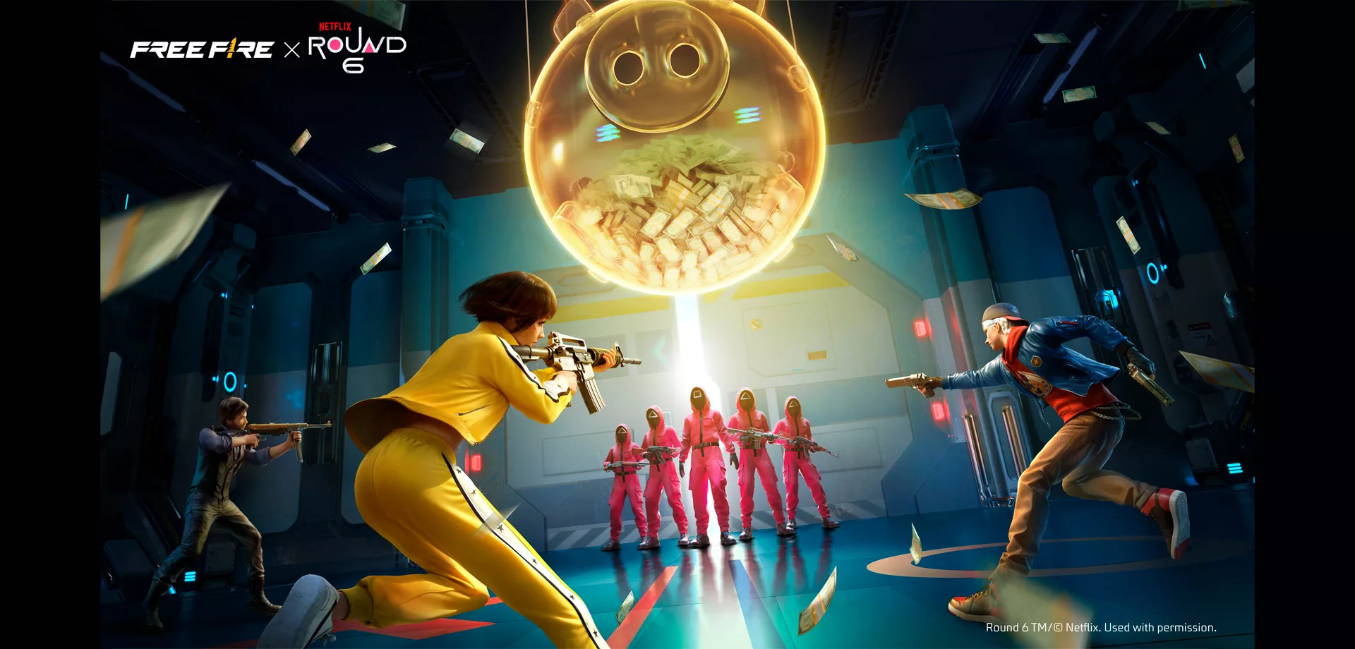 Personagens de Free Fire encarando os Guardas Rosas de Round 6 sob a luz do porco de dinheiro da série.
